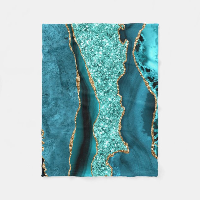 Agate Teal Blue Gold Glitter Marble Aqua Turquoise Fleece Blanket (Front)