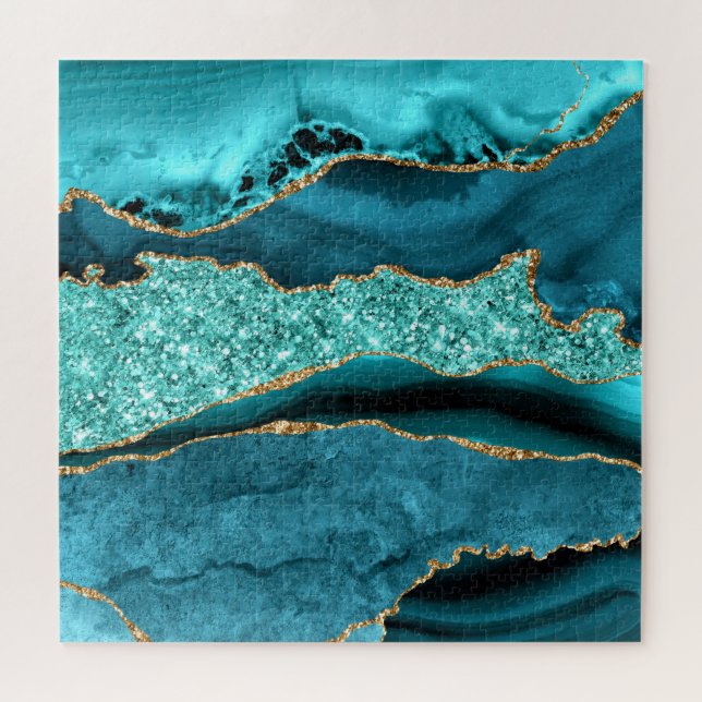 Agate Teal Blue Gold Glitter Marble Aqua Turquoise Jigsaw Puzzle (Horizontal)