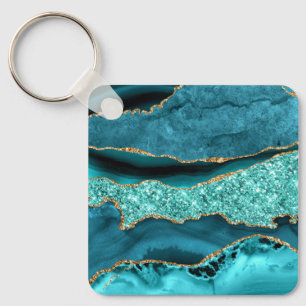 Agate Teal Blue Gold Glitter Marble Aqua Turquoise Key Ring