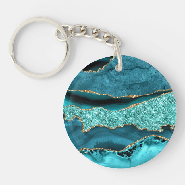 Agate Teal Blue Gold Glitter Marble Aqua Turquoise Key Ring (Front)