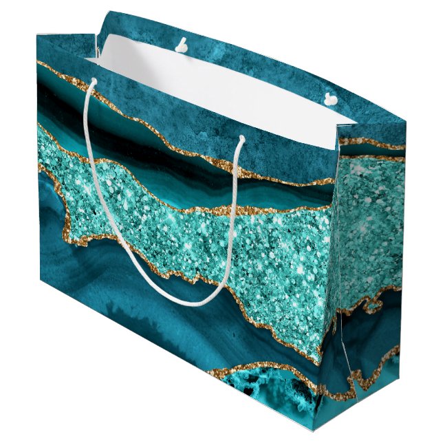 Agate Teal Blue Gold Glitter Marble Aqua Turquoise Large Gift Bag (Back Angled)