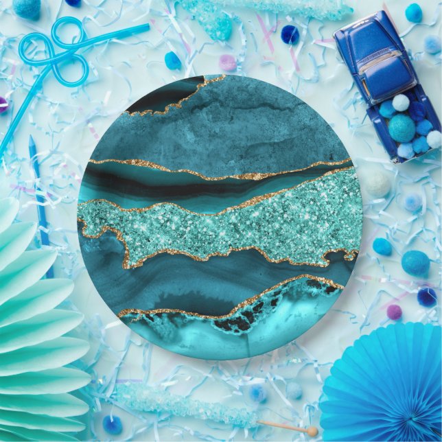 Agate Teal Blue Gold Glitter Marble Aqua Turquoise Paper Plate (Party)