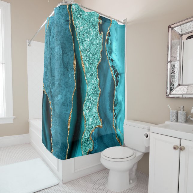 Agate Teal Blue Gold Glitter Marble Aqua Turquoise Shower Curtain (In Situ)