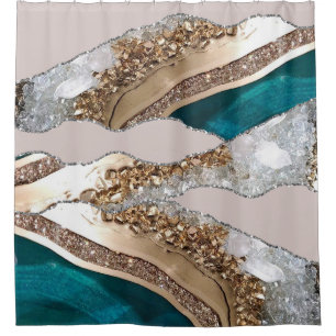 Agate Teal Blue Gold Glitter Marble Aqua Turquoise Shower Curtain