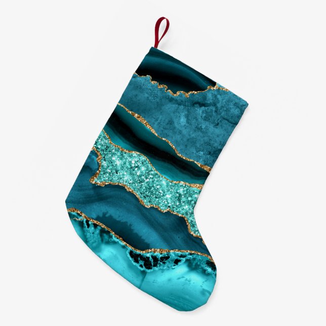 Agate Teal Blue Gold Glitter Marble Aqua Turquoise Small Christmas Stocking (Front (Hanging))