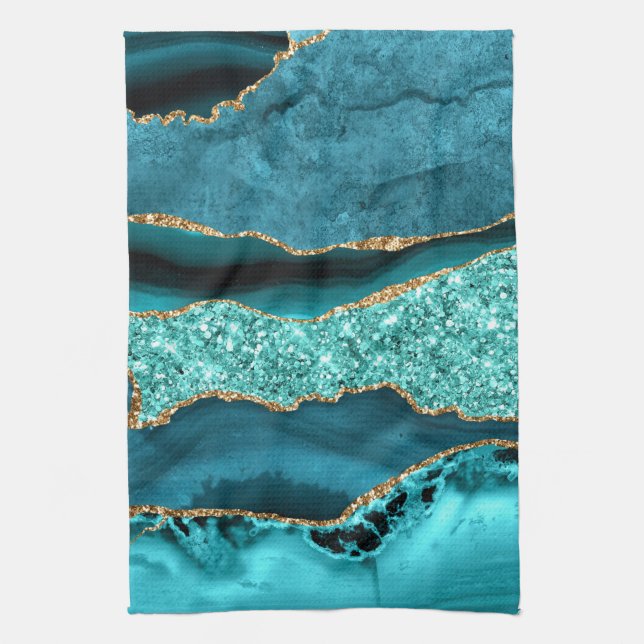 Agate Teal Blue Gold Glitter Marble Aqua Turquoise Tea Towel (Vertical)