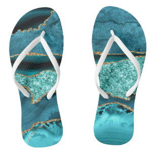 Agate Teal Blue Gold Glitter Marble Aqua Turquoise Thongs