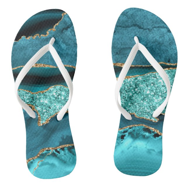 Agate Teal Blue Gold Glitter Marble Aqua Turquoise Thongs (Footbed)