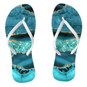 Agate Teal Blue Gold Glitter Marble Aqua Turquoise Thongs