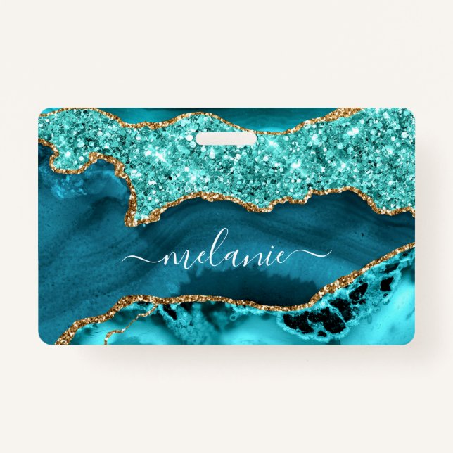 Agate Teal Blue Gold Glitter Marble Custom Name ID Badge (Front)