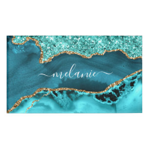 Agate Teal Blue Gold Glitter Marble Custom Name Tag