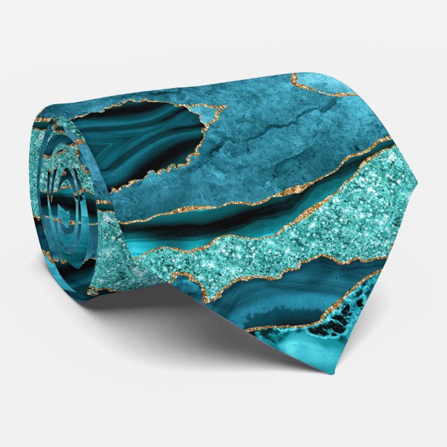 Agate Teal Blue Gold Glitter Turquoise Neck Tie (Rolled)