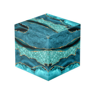 Agate Teal Blue Gold Marble Aqua Turquoise Cube