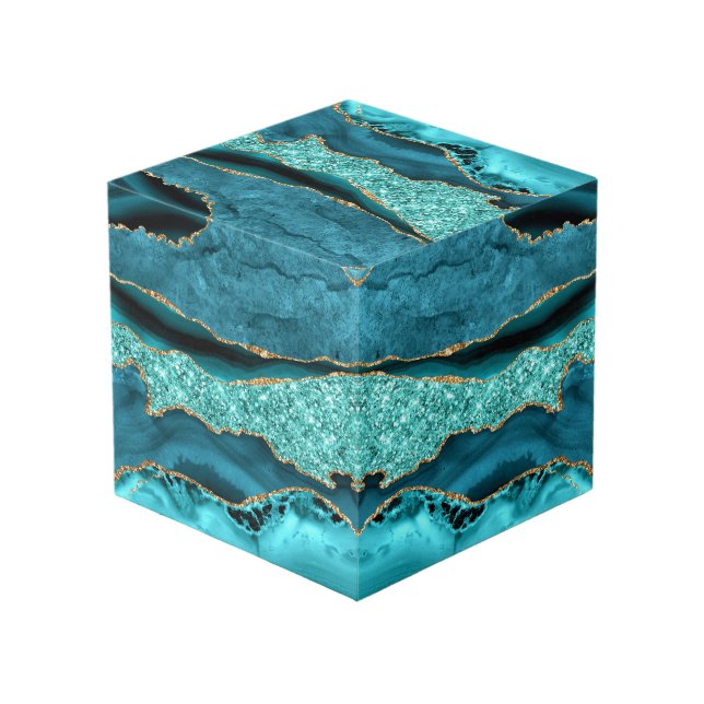 Agate Teal Blue Gold Marble Aqua Turquoise Cube (Front Angled)