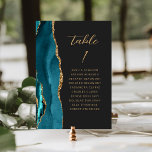 Agate Teal Blue Gold Modern Script Dark Wedding Table Number<br><div class="desc">The left-hand edge of this elegant modern wedding table number card features a teal blue watercolor agate border trimmed with faux gold glitter. The word "table" appears in gold-coloured handwriting script on an off-black background. Add the names of your guests who are assigned to each table.</div>