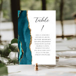 Agate Teal Blue Gold Modern Script Wedding Table Number<br><div class="desc">The left-hand edge of this elegant modern wedding table number card features a teal blue watercolor agate border trimmed with faux gold glitter. The word "table" appears in charcoal grey handwriting script on a white background. Add the names of your guests who are assigned to each table.</div>