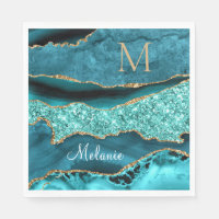 Agate Teal Blue Gold Name Letter Aqua Napkins