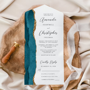 Agate Teal Blue Gold Script All In One Invitation