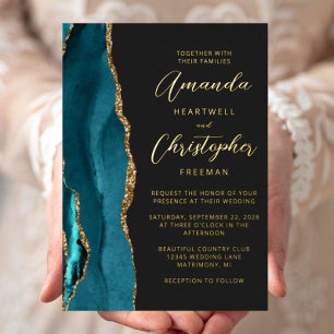 Agate Teal Blue Gold Script Dark Wedding