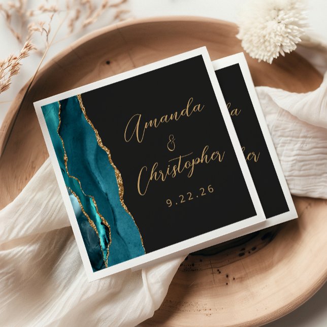 Agate Teal Blue Gold Script Dark Wedding Napkin (Creator Uploaded)
