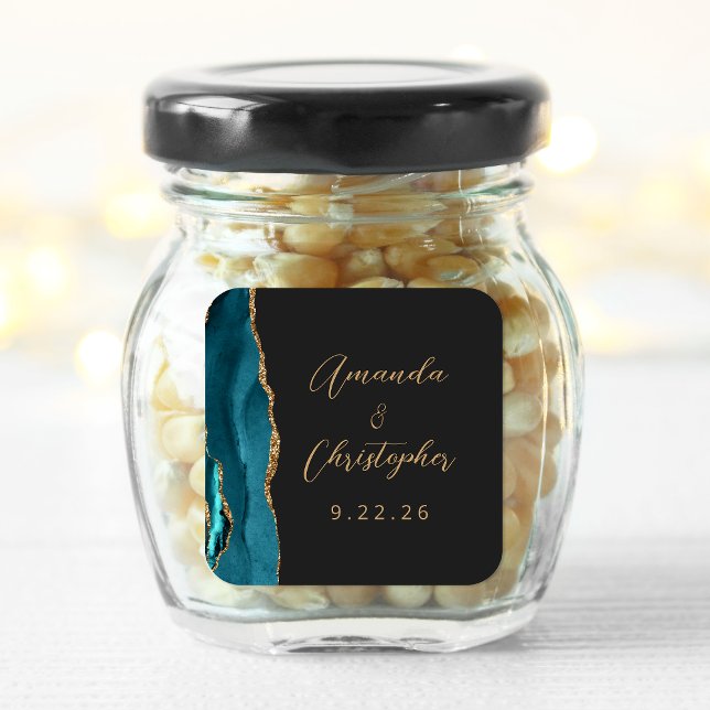 Agate Teal Blue Gold Script Dark Wedding Square Sticker (Creator Uploaded)