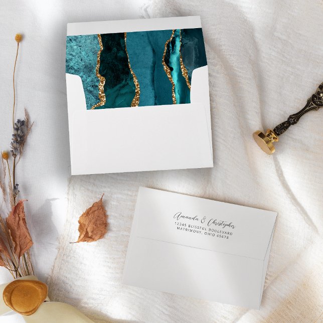 Agate Teal Blue Gold Script Wedding Envelope (Creator Uploaded)