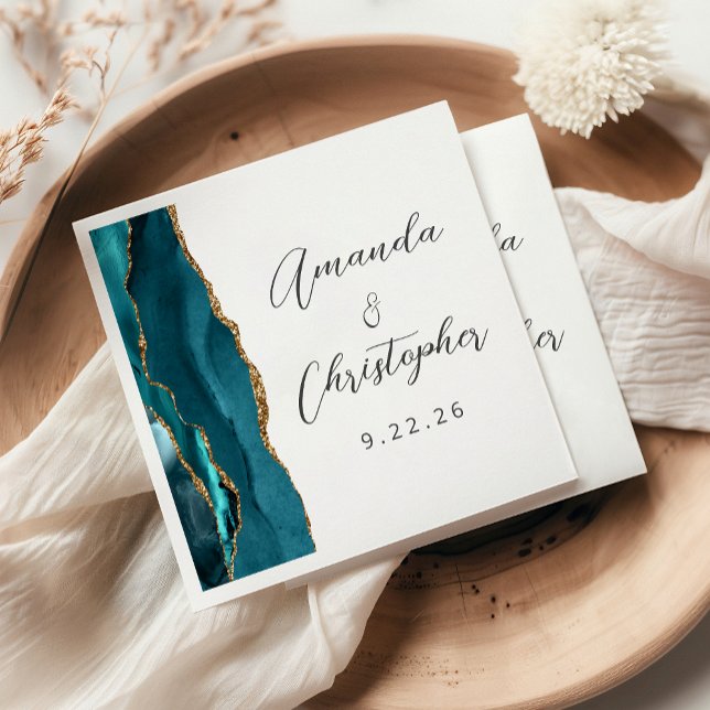 Agate Teal Blue Gold Script Wedding Napkin (Creator Uploaded)
