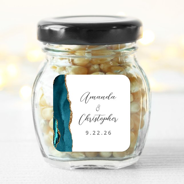 Agate Teal Blue Gold Script Wedding Square Sticker (Creator Uploaded)