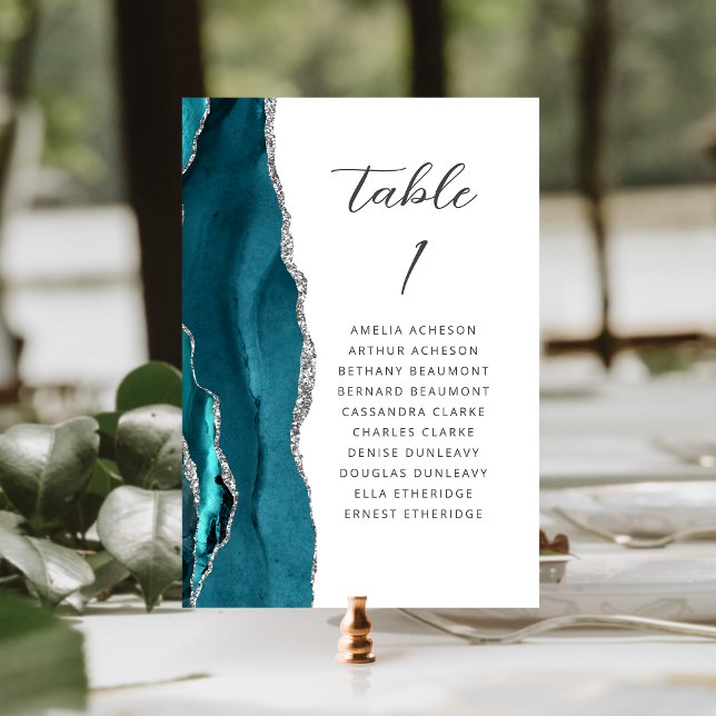 Agate Teal Blue Silver Modern Script Wedding Table Number (Creator Uploaded)