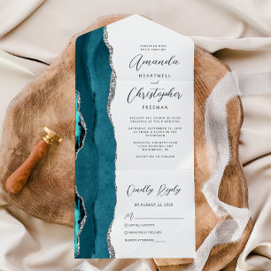Agate Teal Blue Silver Wedding All In One Invitation