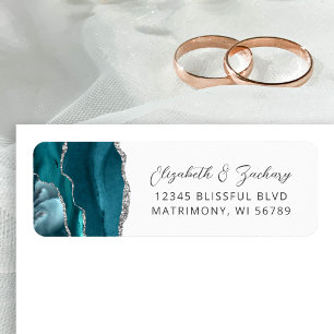 Agate Teal Blue Silver Wedding Return Address Label