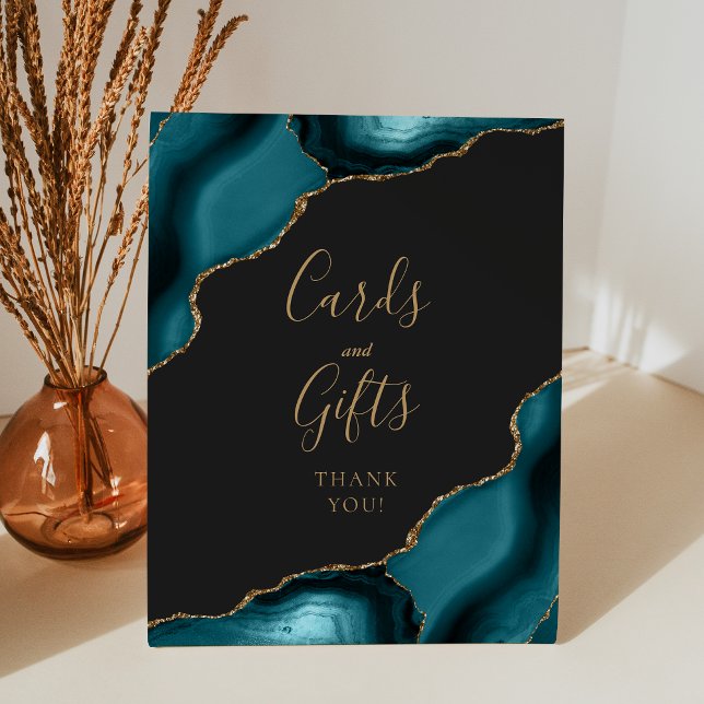 Agate Teal Gold Dark Wedding Cards and Gifts Pedestal Sign (Creator Uploaded)
