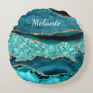 Agate Teal Gold Glitter Aqua Custom Name Pillow
