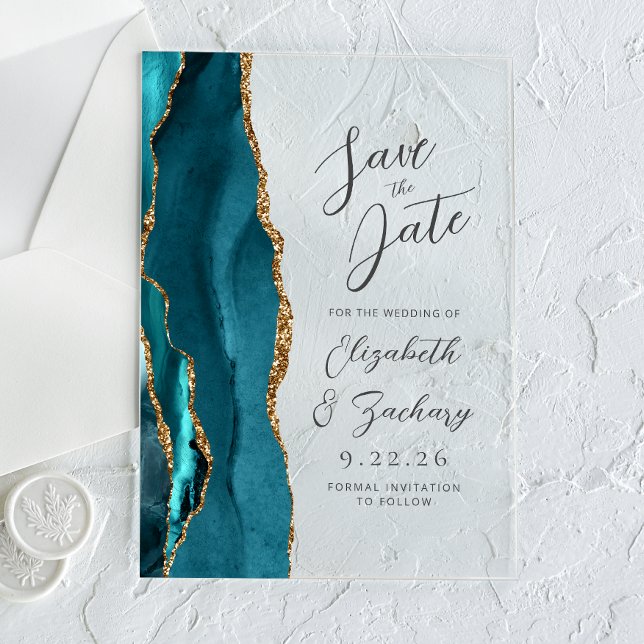 Agate Teal Gold Modern Script Wedding Acrylic Invitations (Creator Uploaded)