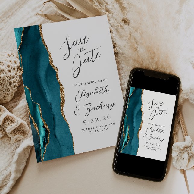 Agate Teal Gold Modern Script Wedding Save The Date (Creator Uploaded)