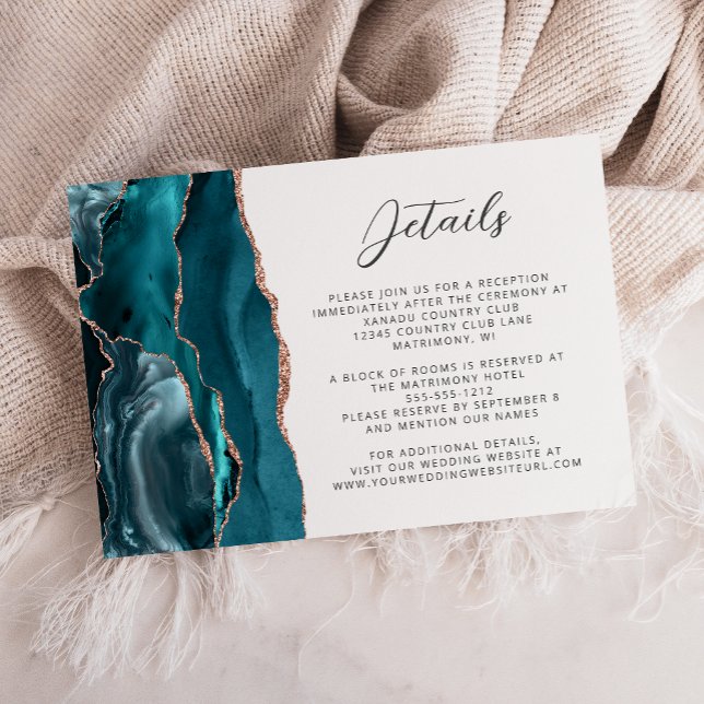 Agate Teal Rose Gold Modern Script Wedding Details Enclosure Card (Creator Uploaded)