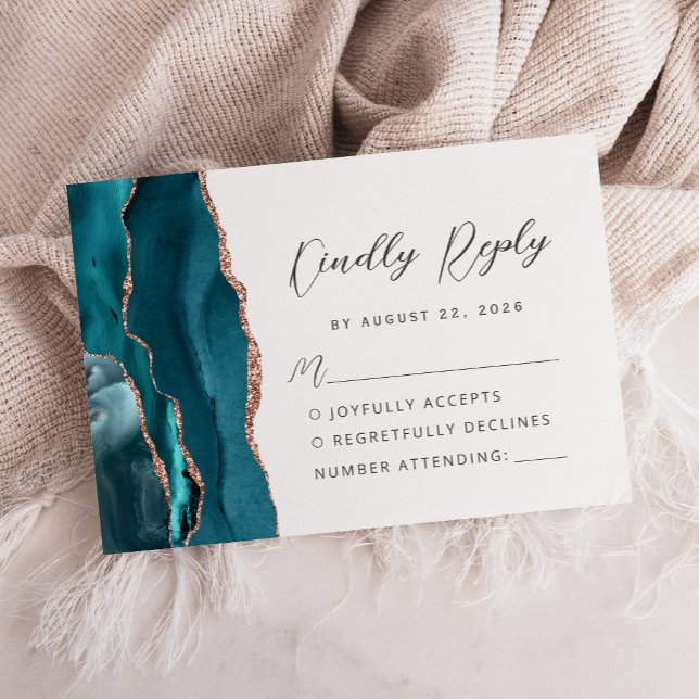 Agate Teal Rose Gold Modern Script Wedding RSVP Card (Creator Uploaded)