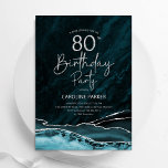 Agate Teal Silver 80th Birthday Invitation<br><div class="desc">Teal and silver agate 80th birthday party invitation. Elegant modern design featuring turquoise watercolor agate marble geode background,  faux glitter gold and typography script font. Trendy invite card perfect for a stylish women's bday celebration. Printed Zazzle invitations or instant download digital printable template.</div>