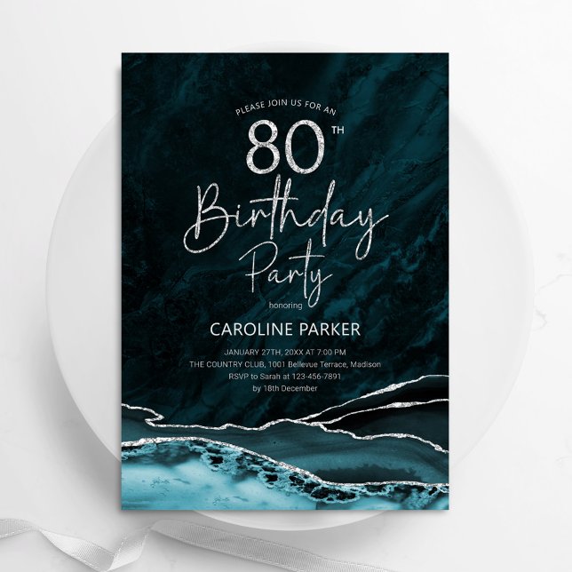 Agate Teal Silver 80th Birthday Invitation (Creator Uploaded)