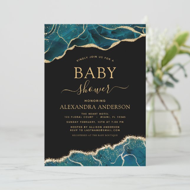 Agate Turquoise Baby Shower Teal Gold Blue Invitat Invitation (Standing Front)