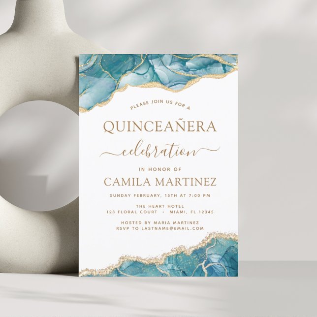 Agate Turquoise Quinceañera Teal Gold Blue Invitat Invitation (Creator Uploaded)