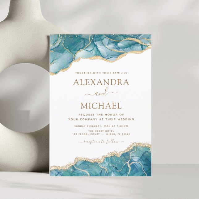 Agate Turquoise Teal Gold Blue Wedding Invitation (Creator Uploaded)