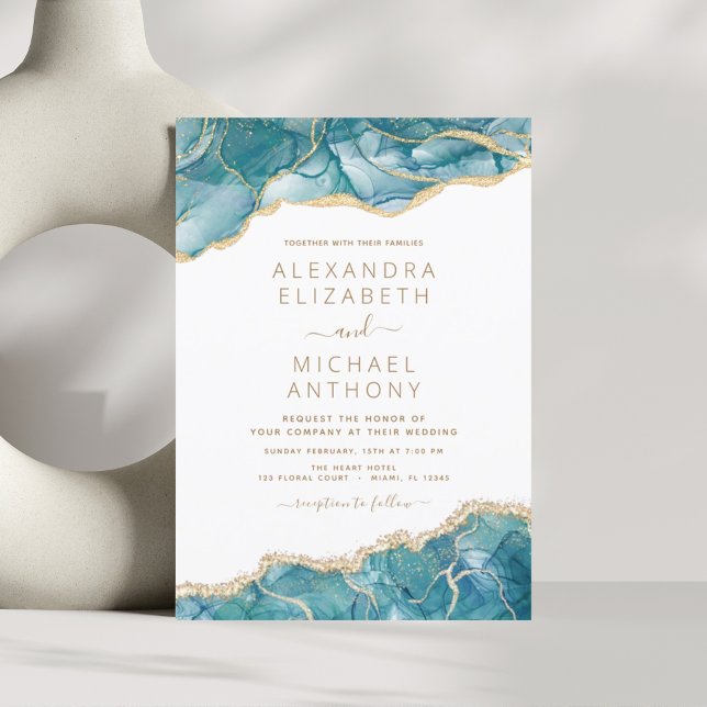 Agate Turquoise Teal Gold Blue Wedding Invitation (Creator Uploaded)