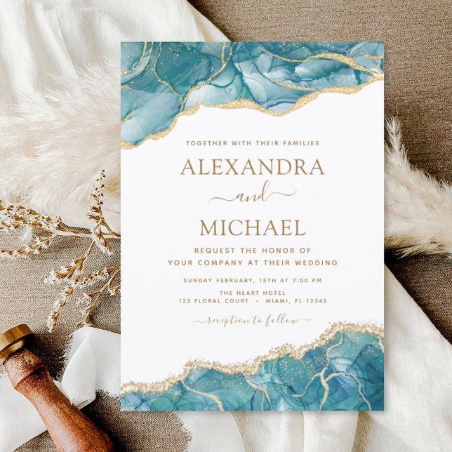 Agate Turquoise Teal Gold Blue Wedding Invitation (Creator Uploaded)
