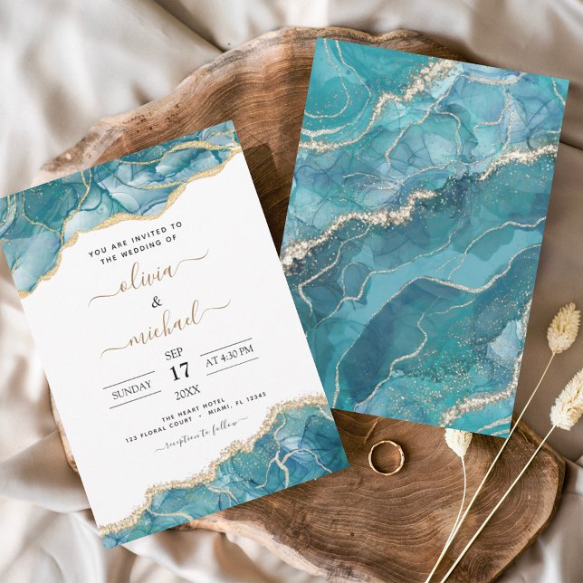 Agate Turquoise Teal Gold Wedding Invitation (Creator Uploaded)