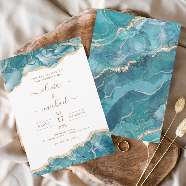 Agate Turquoise Teal Gold Wedding Invitation (Creator Uploaded)