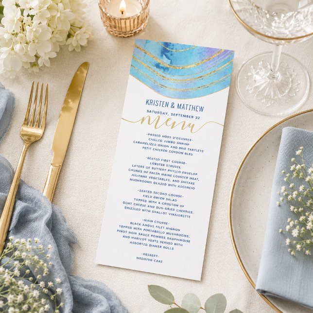 Agate Watercolor Blue Purple Menu (Elevate your celebration dining with this blue lavender agate geode gold foil wedding menu design. )