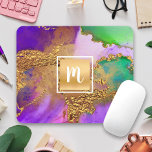 Agate watercolor gold purple aqua green monogram mouse pad<br><div class="desc">A sparkly, faux gold foil square with a script typography monogram initial overlays a rich, gold veined, purple, green, aqua, and pink watercolor background on this elegant, trendy, girly, monogramed mousepad. Makes a chic and stylish statement every time you use it. A great gift for a friend, as well as...</div>