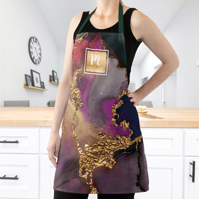 Agate watercolor gold purple navy salon monogram apron (Creator Uploaded)
