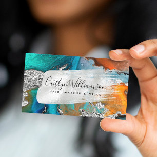 Agate watercolor silver brush turquoise script business card